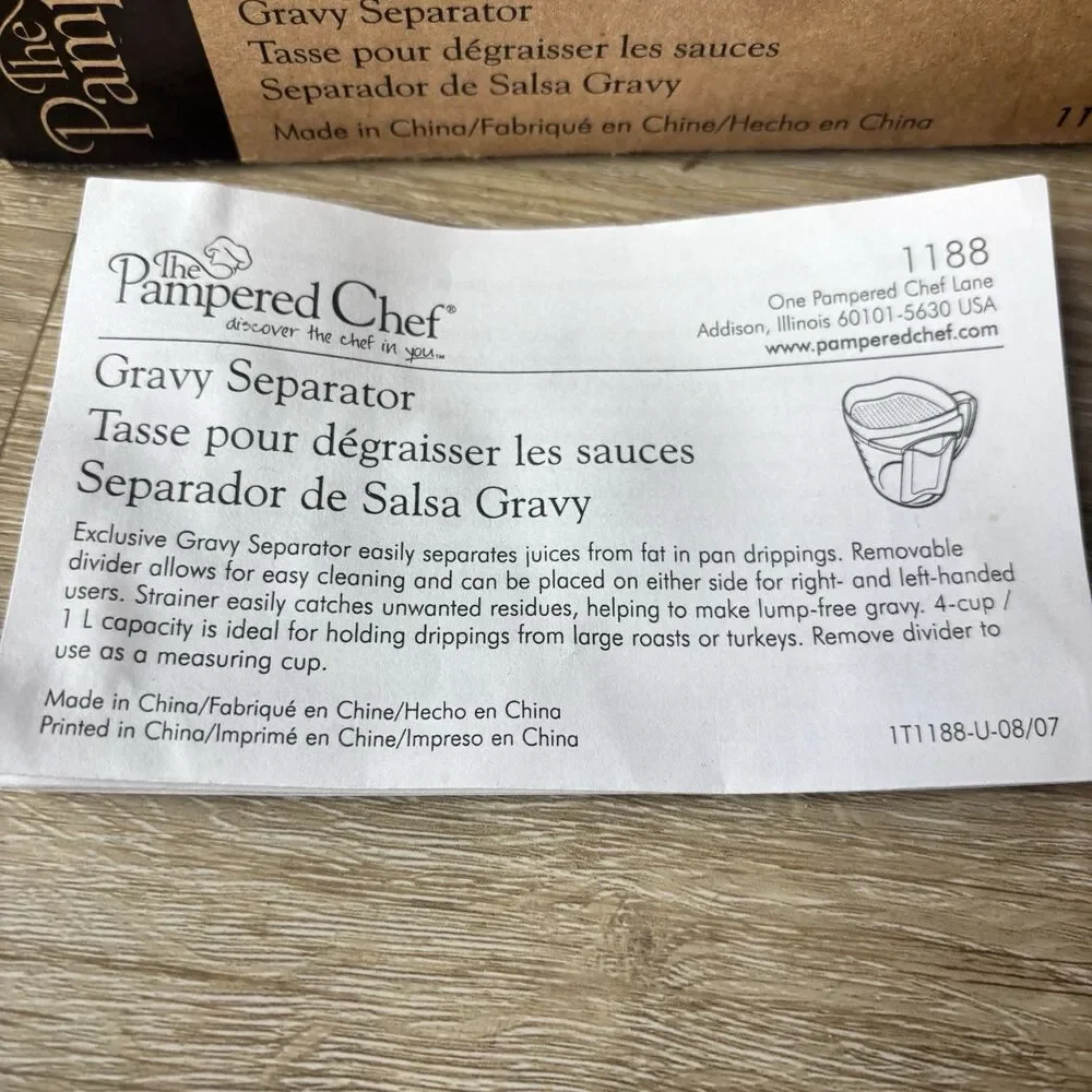 Pampered Chef Fat Gravy Separator Strainer 4 Cup 1L Measuring Pitcher 1188 Box